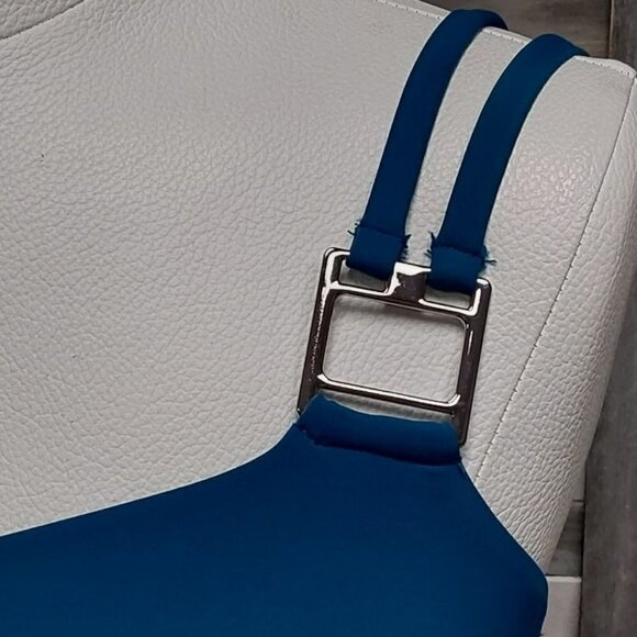 UPF 50 Double Strap Asymmetrical One Piece Swimsuit | Aqua Green | Medium - Picture 4 of 10